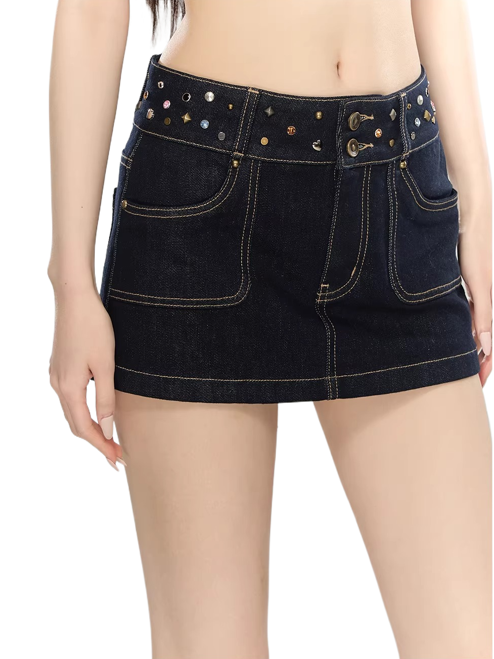 Vintage Studded Waist Denim Mini Skirt