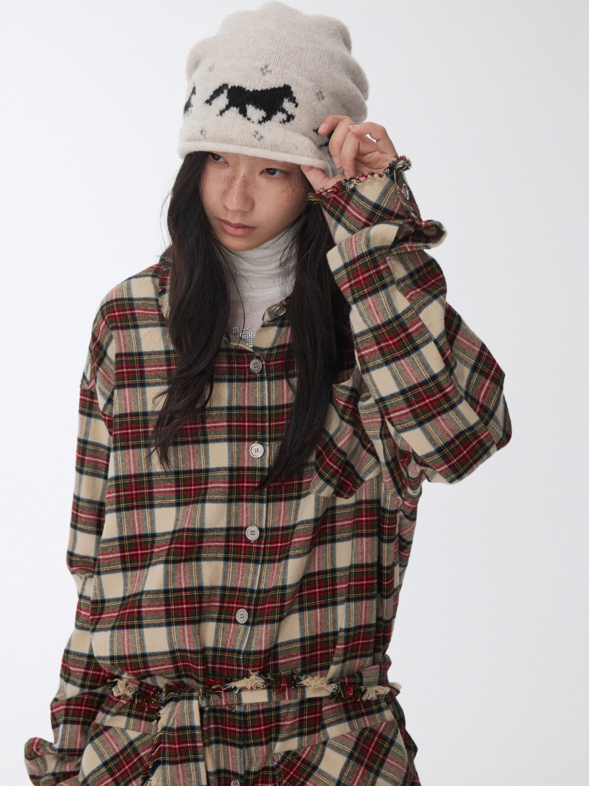 Vintage Red Plaid Frayed-Edge Utility Shirt Dress