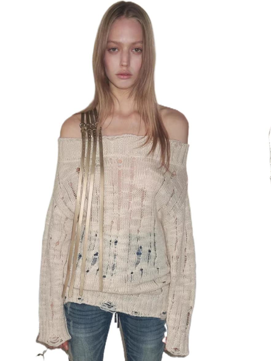 Off-Shoulder Belt Distressed Cable Knit Sweater