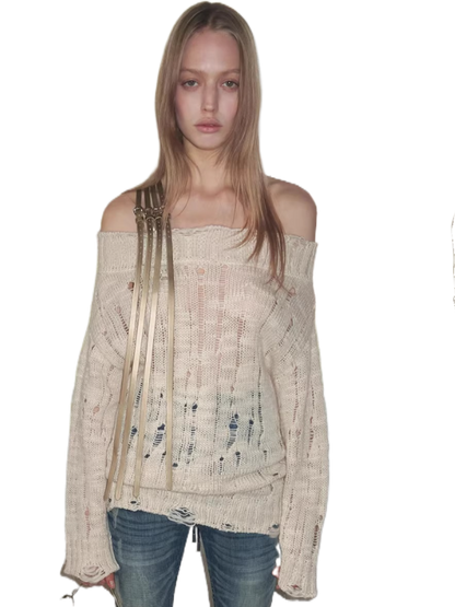 Off-Shoulder Belt Distressed Cable Knit Sweater