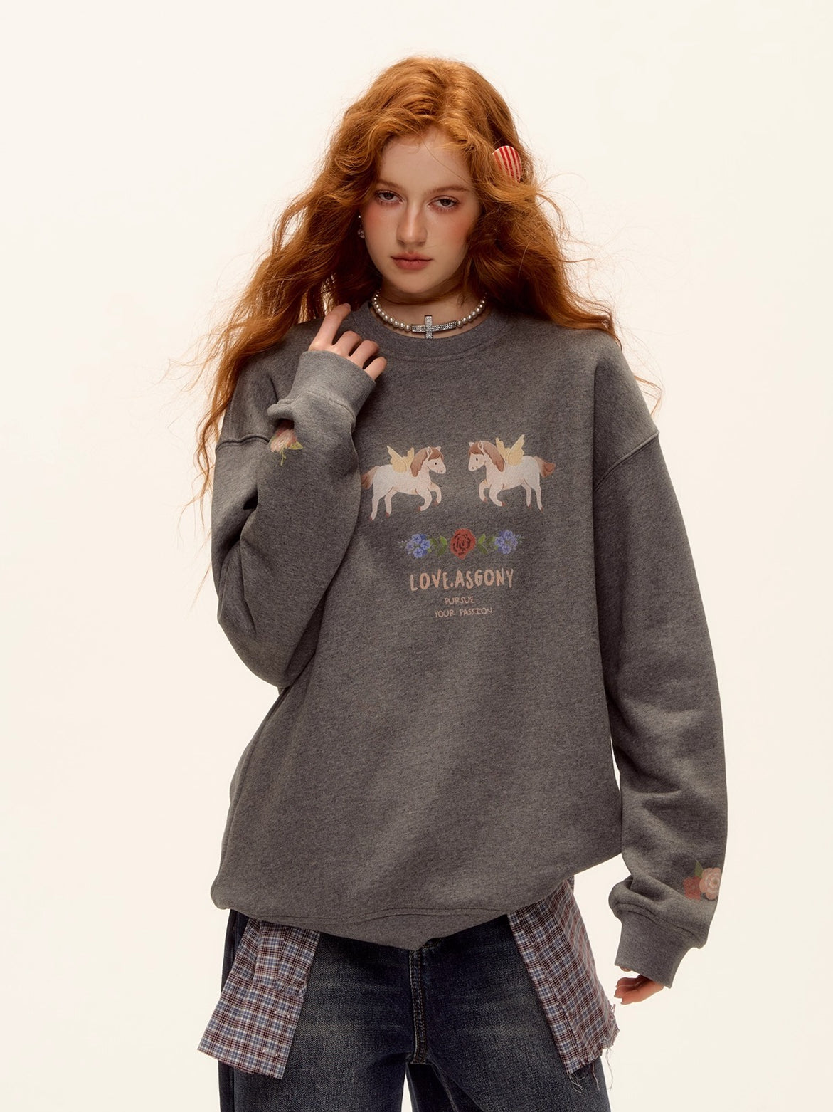 Floral Pony Print Fleece-Lined Pullover Sweatshirt