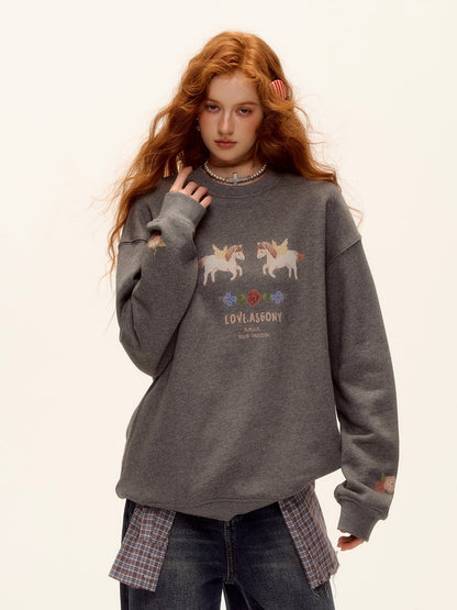 Floral Pony Print Fleece-Lined Pullover Sweatshirt