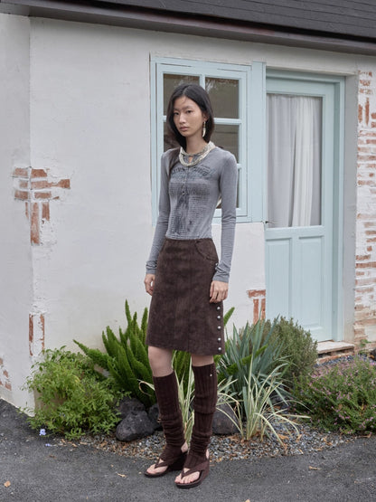 Suede Studded High-Waist Midi Skirt