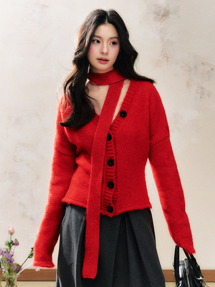 Red Knitted Cardigan Fashion Sweater 