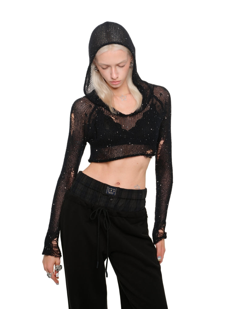 Hollow Sequin Crop Hoodie