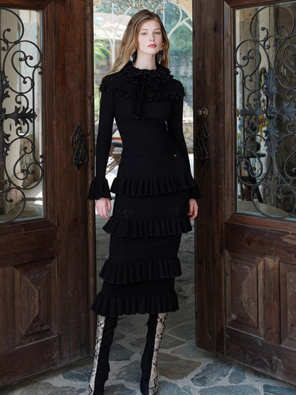 Lace Ruffle Knit Top &amp; Midi Skirt Two-Piece Set