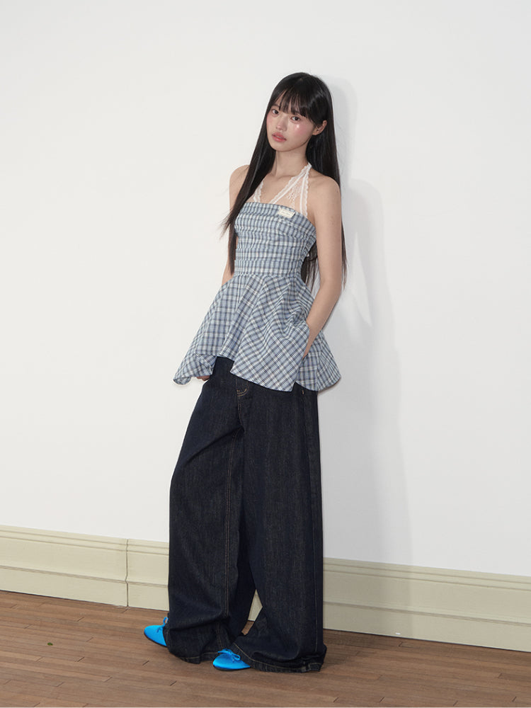 Blue Checkered Lace-Trimmed Camisole Top