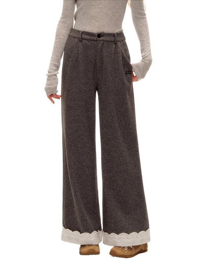 Embroidered Hem Wool Blend Wide-Leg Trousers