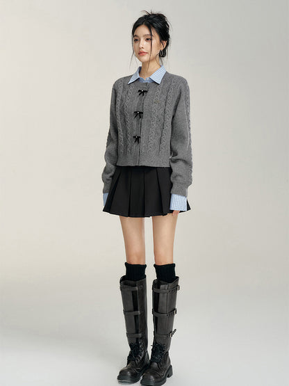 Bowknot Cable-Knit Round Neck Sweater