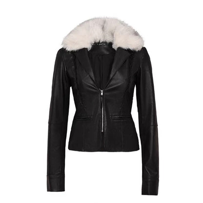 Fur-Collar Printed Leather Suit Set