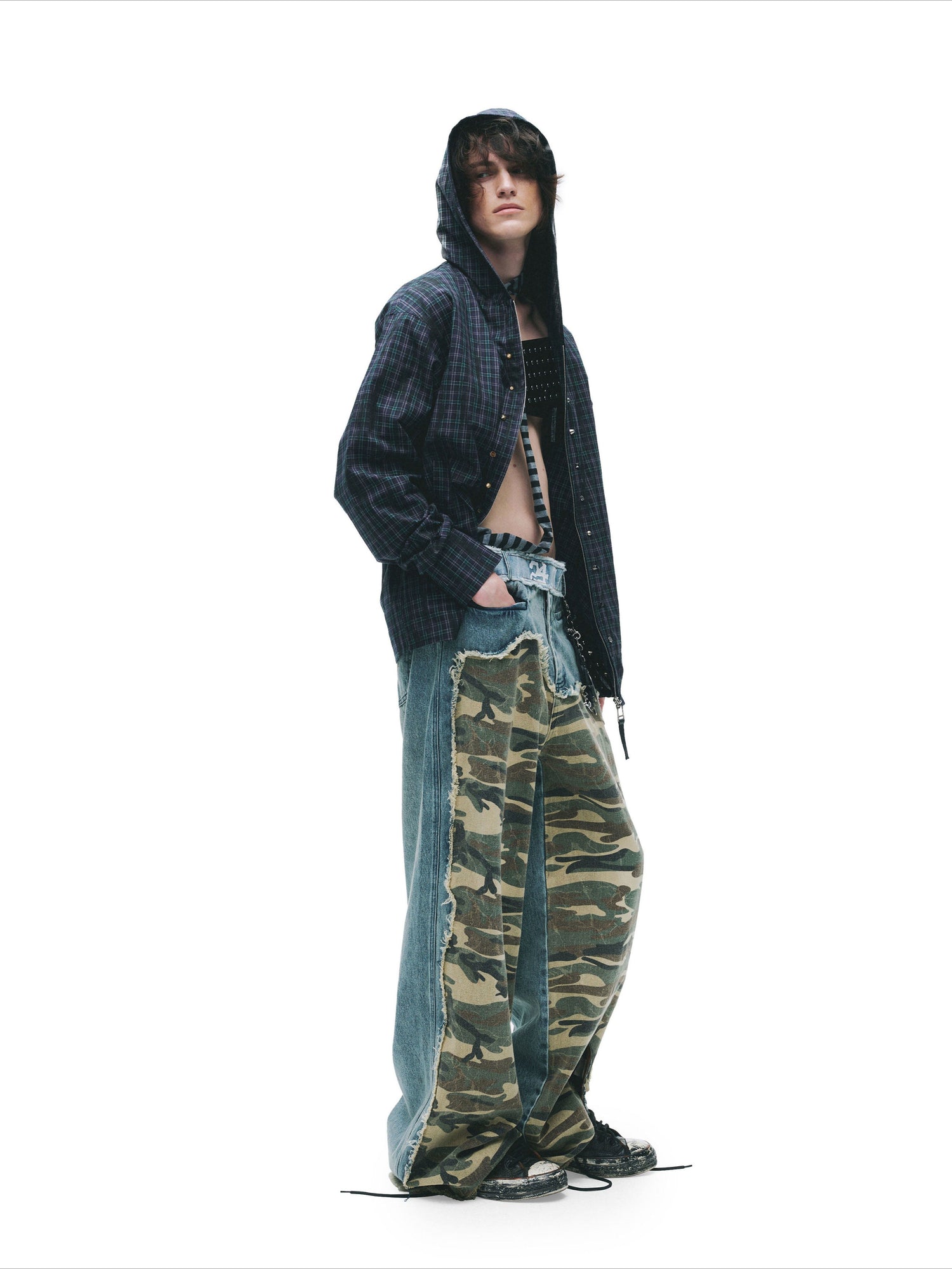 Distressed Studded Hooded Shirt