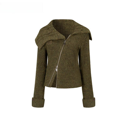 Oversized Lapel Asymmetrical Zip Knit Cardigan
