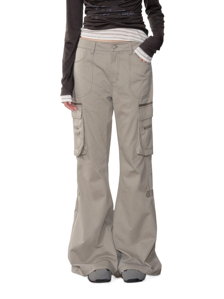 Gray-Green 3D Pockets Cargo Zipper Flare Pants
