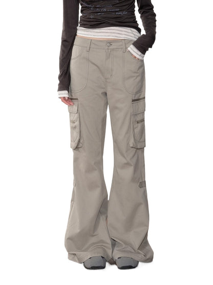 Gray-Green 3D Pockets Cargo Zipper Flare Pants