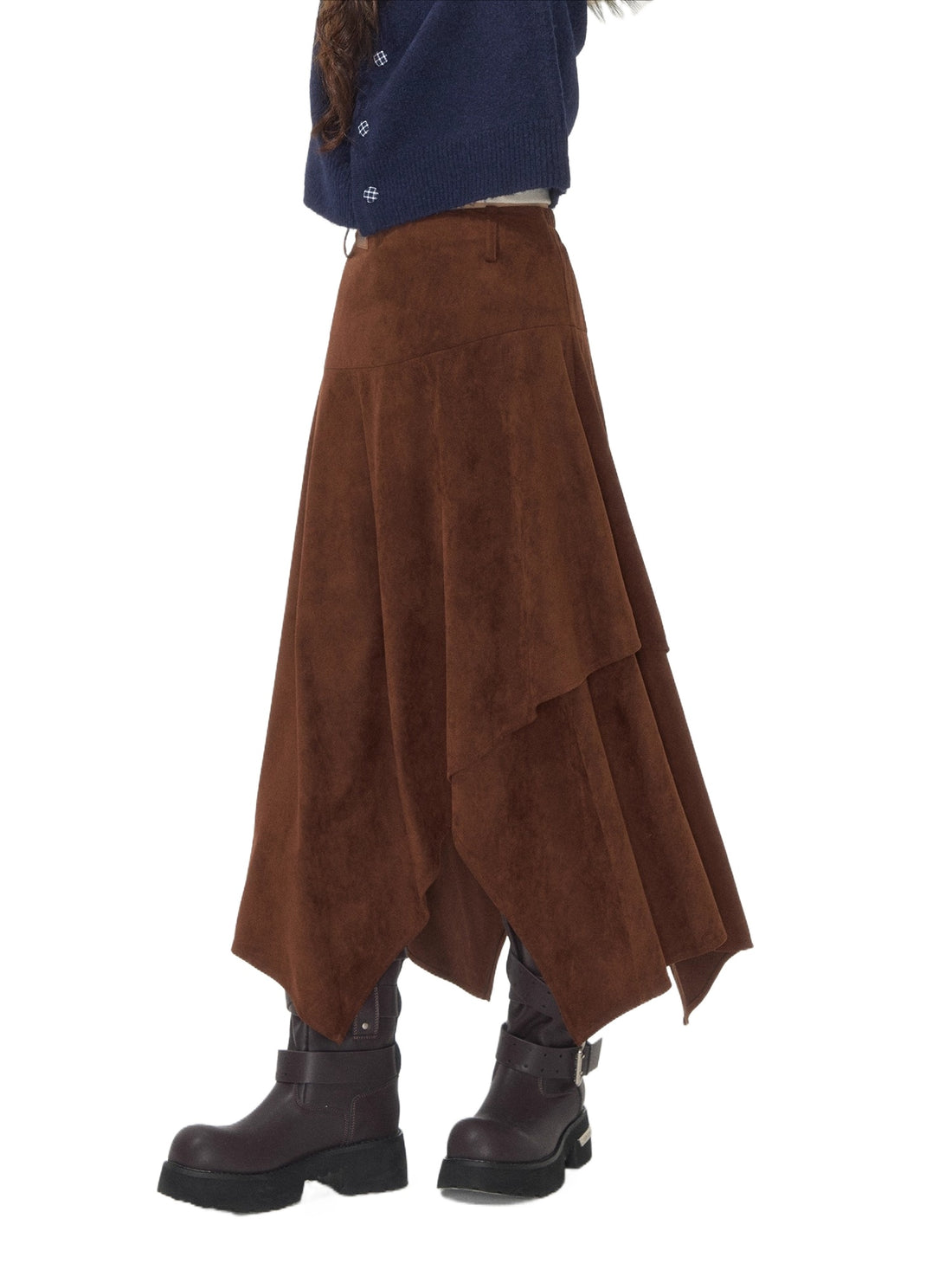 Asymmetric Faux Suede Midi Skirt