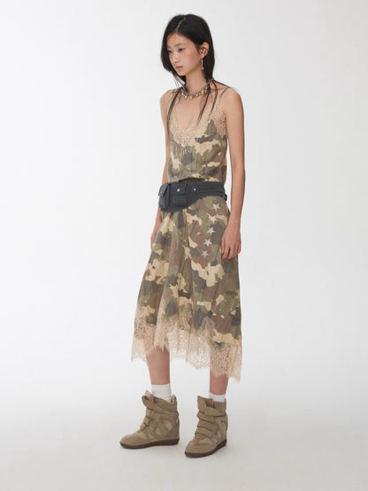 Camouflage Lace-Trim Printed Slip Dress