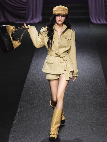Velvet Suede Jacket &amp; Shorts Two-Piece Set