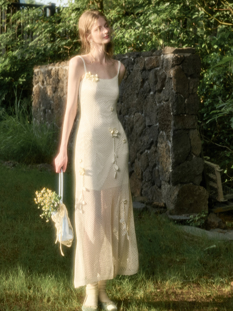 Solid Color Knitted Flower Pure White Dress