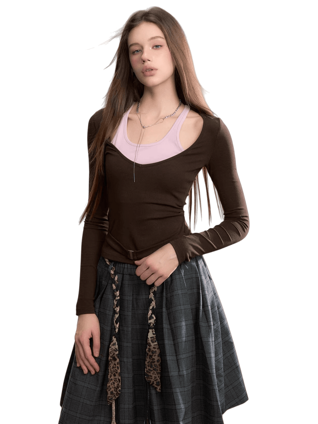 Belted Contrast Panel Knit Layered T-Shirt