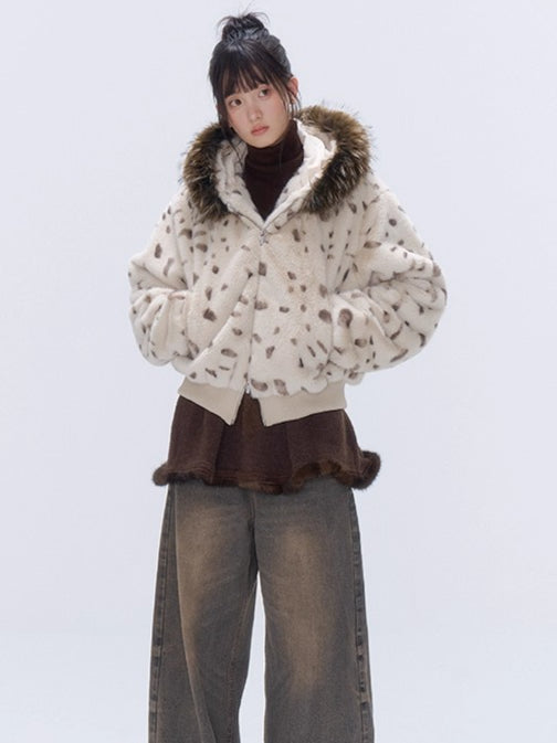 Faux Fur Hooded Zip-Up Cropped Jacket