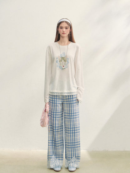 Lace Panel Checked Straight-Leg Pants - CHINASQUAD