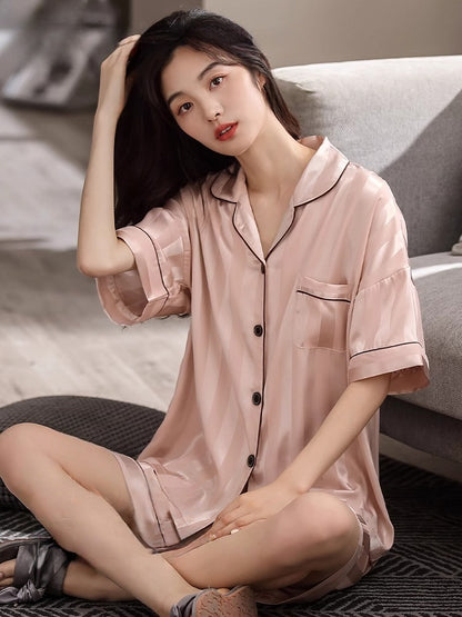 Ice Silk Thin Short-sleeve Cardigan Pajama Set