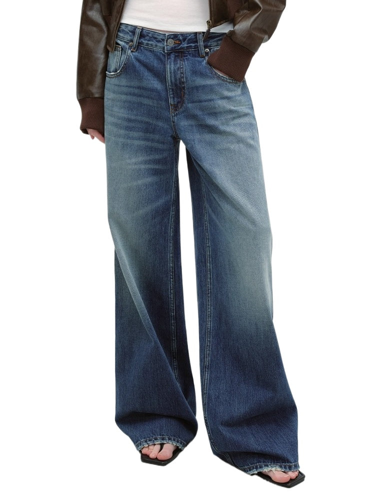 Vintage Blue Washed Wide-Leg Jeans - CHINASQUAD