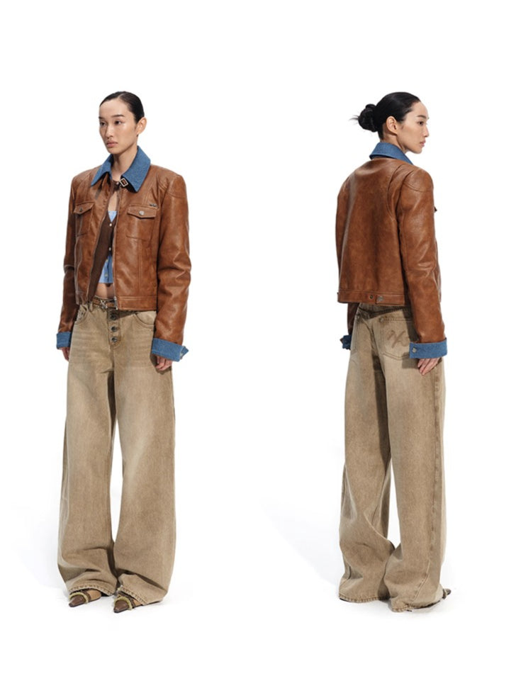 &quot;Rose Series&quot; Washed Twill Wide-Leg Denim Jeans