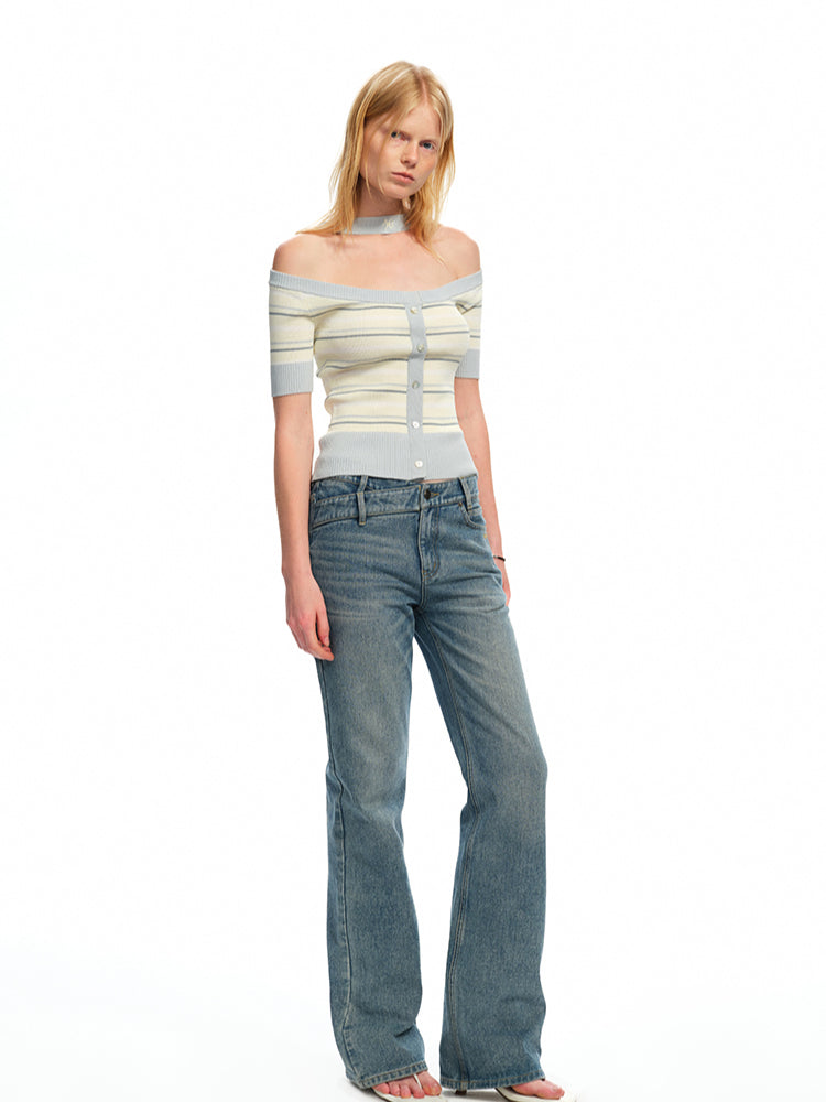One-Shoulder Halter Neck Color-Block Striped T-shirt - CHINASQUAD
