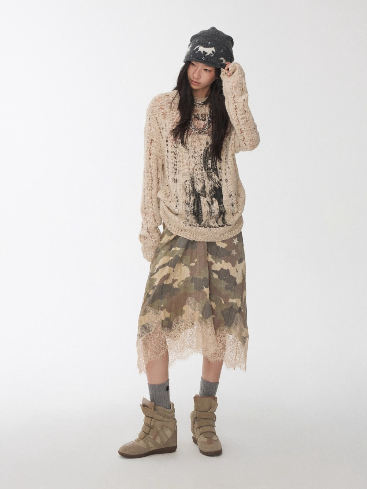 Icelandic Animal Pattern Open-Knit Sweater