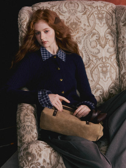 Wool Blend Plaid Patchwork Cable Knit Cardigan