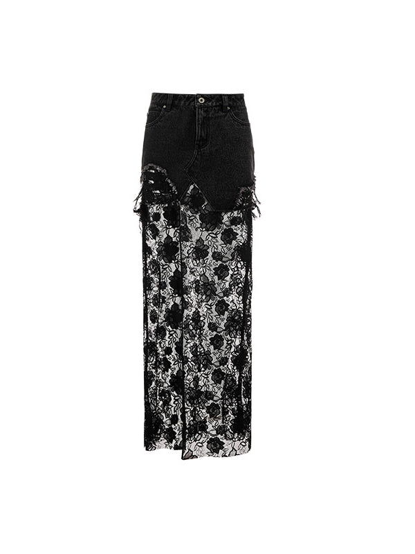 Black &amp; Blue Lace Panel Denim Maxi Skirt