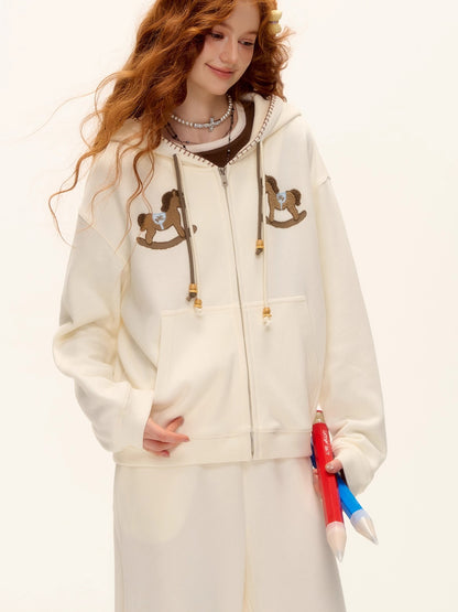 Embroidered Horse Beaded Zip-up Hoodie &amp; Pants Set