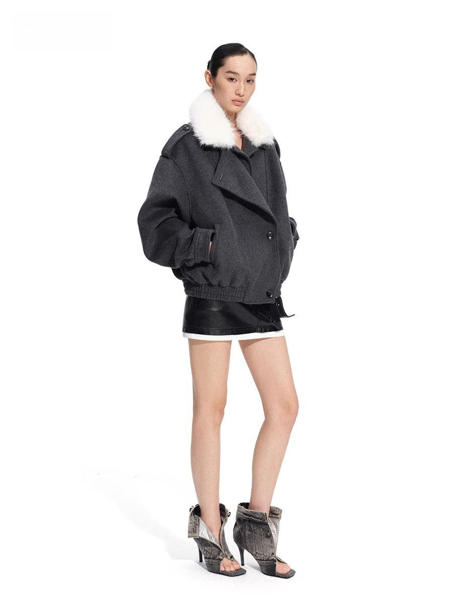 Faux Fox Fur Wool-Blend Aviator Jacket