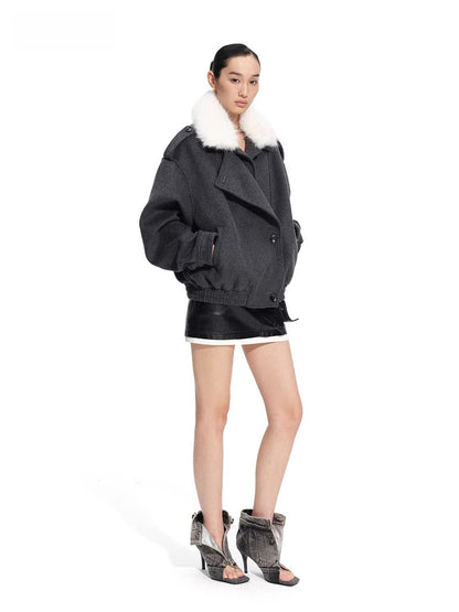 Faux Fox Fur Wool-Blend Aviator Jacket