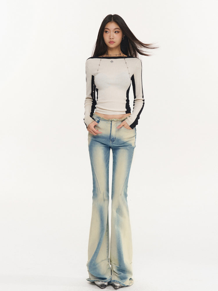 Heavy Washed High-Stretch Flared Jeans