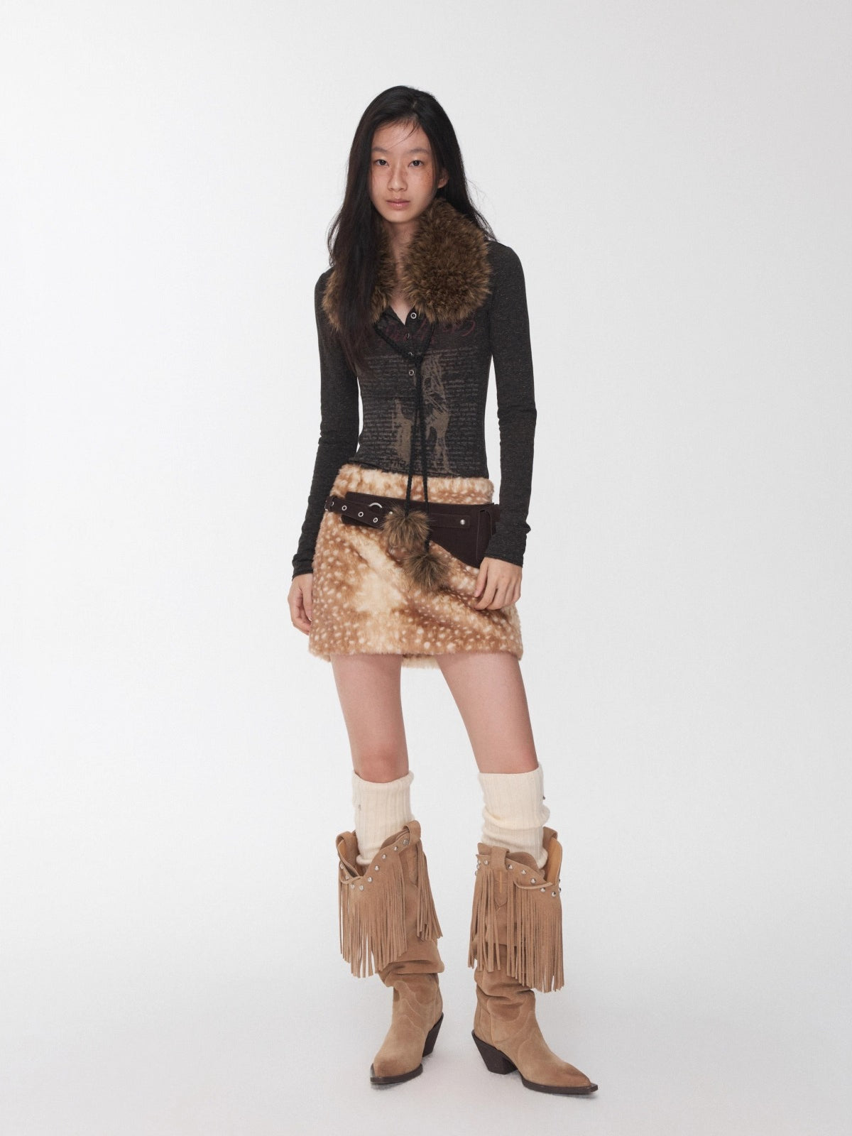 Henley Animal-Print Knitted Long Sleeves T-Shirt