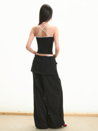 Faux Two-Piece Low-Waist Loose Drawstring Pants