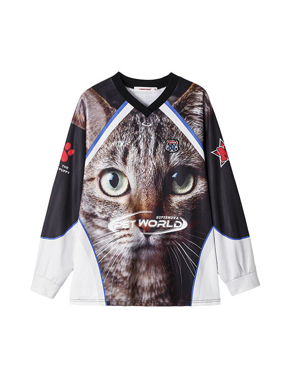 Large Face Cat Print Basketball Long T-shirt