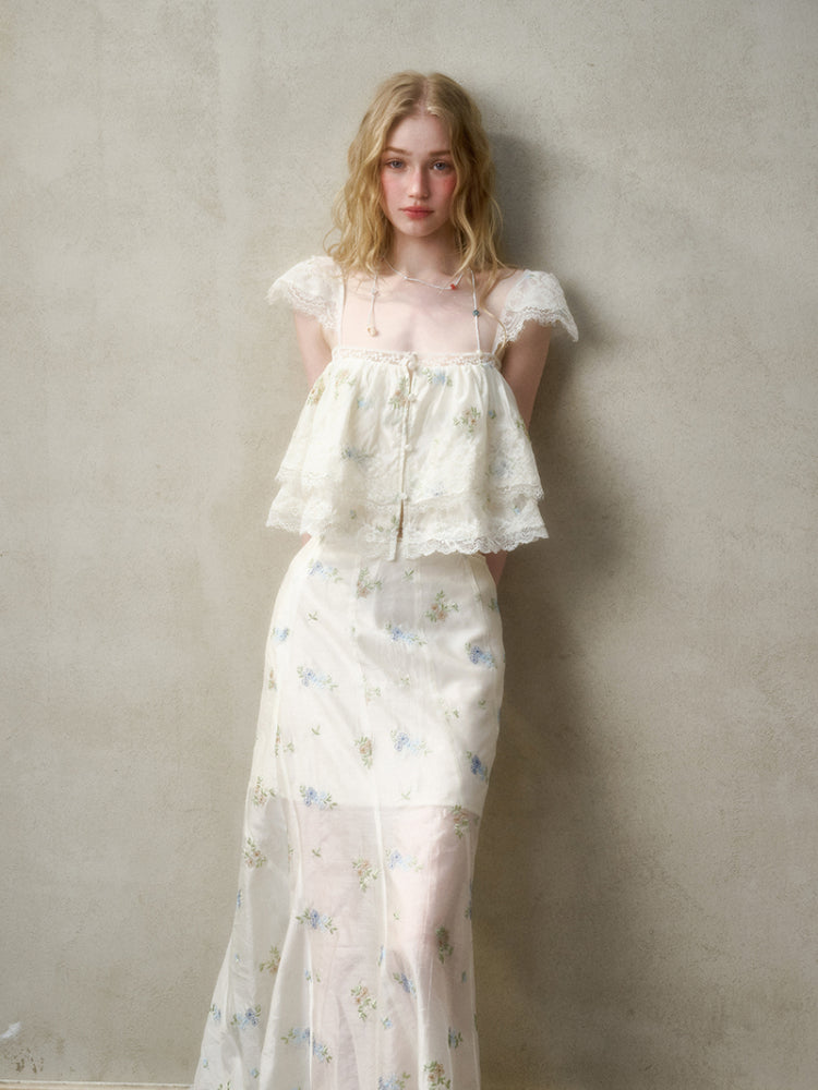 Lace Embroidery Flower French - Style Shirt &amp; Skirt Set