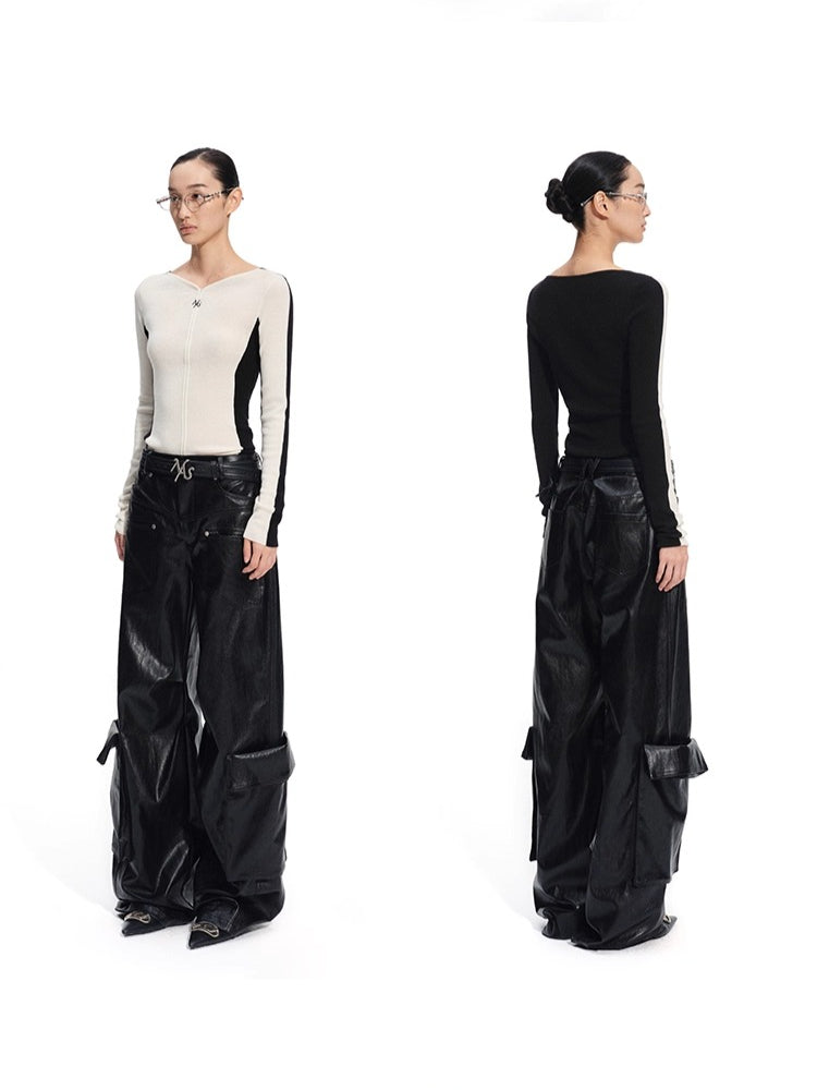 Punk-Style Eco Textured Faux Leather Wide-Leg Pants