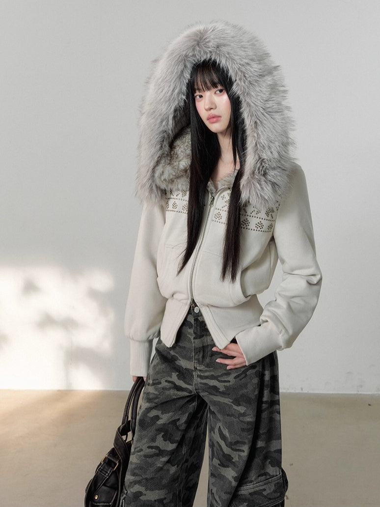 Vintage Rivet Embellished Fleece Hoodie Jacket