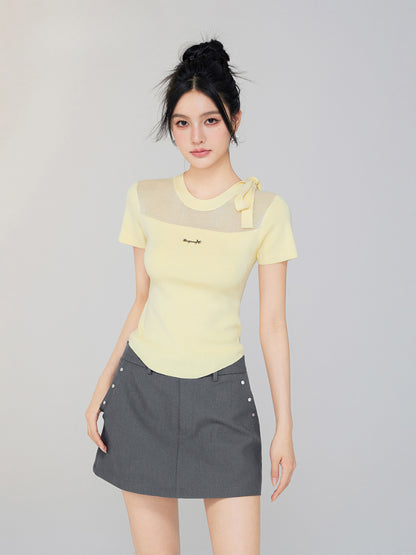Hollow-out Tie-up Knit Round Neck Short Sleeve Top