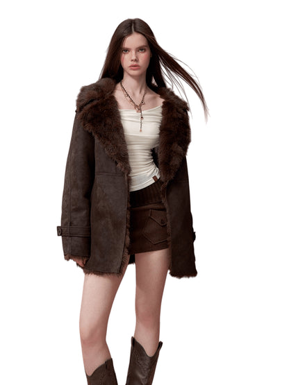 Faux Shearling-Lined PU Belted Coat