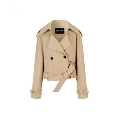 Lapel Collar Belted Cropped Trench Jacket