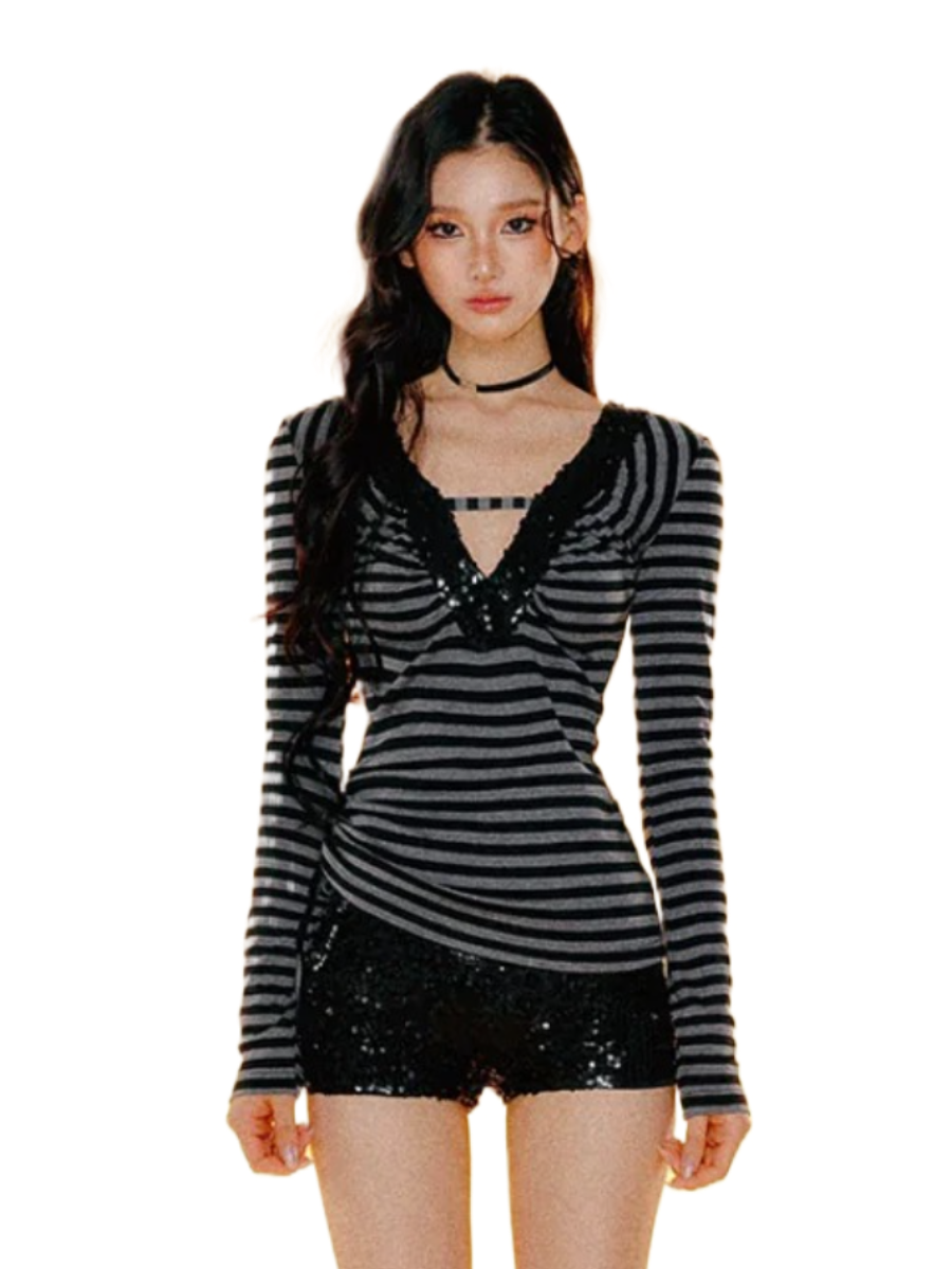 Striped V-Neck Slim-Fit Top &amp; Shorts Set