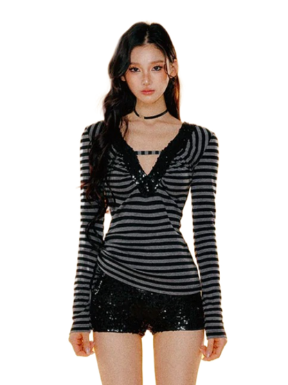 Striped V-Neck Slim-Fit Top &amp; Shorts Set