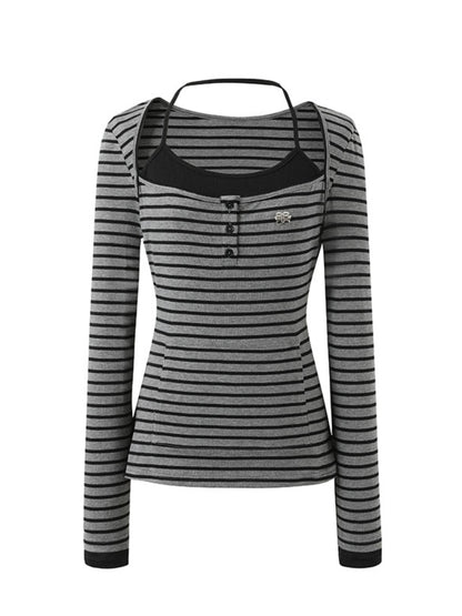 Two-piece Look Striped Hooded Tee - CHINASQUAD