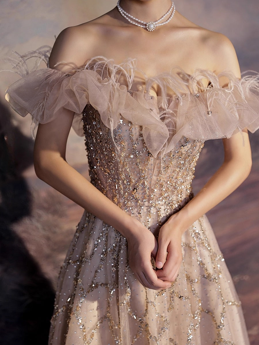 Feathered Scarlet Embellished Off-Shoulder Gown