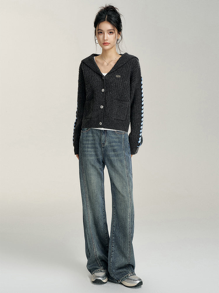 Heart-Patterned Fleece-Lined Wide-Leg Denim Pants